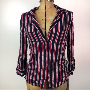 V-Neck Vertical Stripe Button Down Blouse